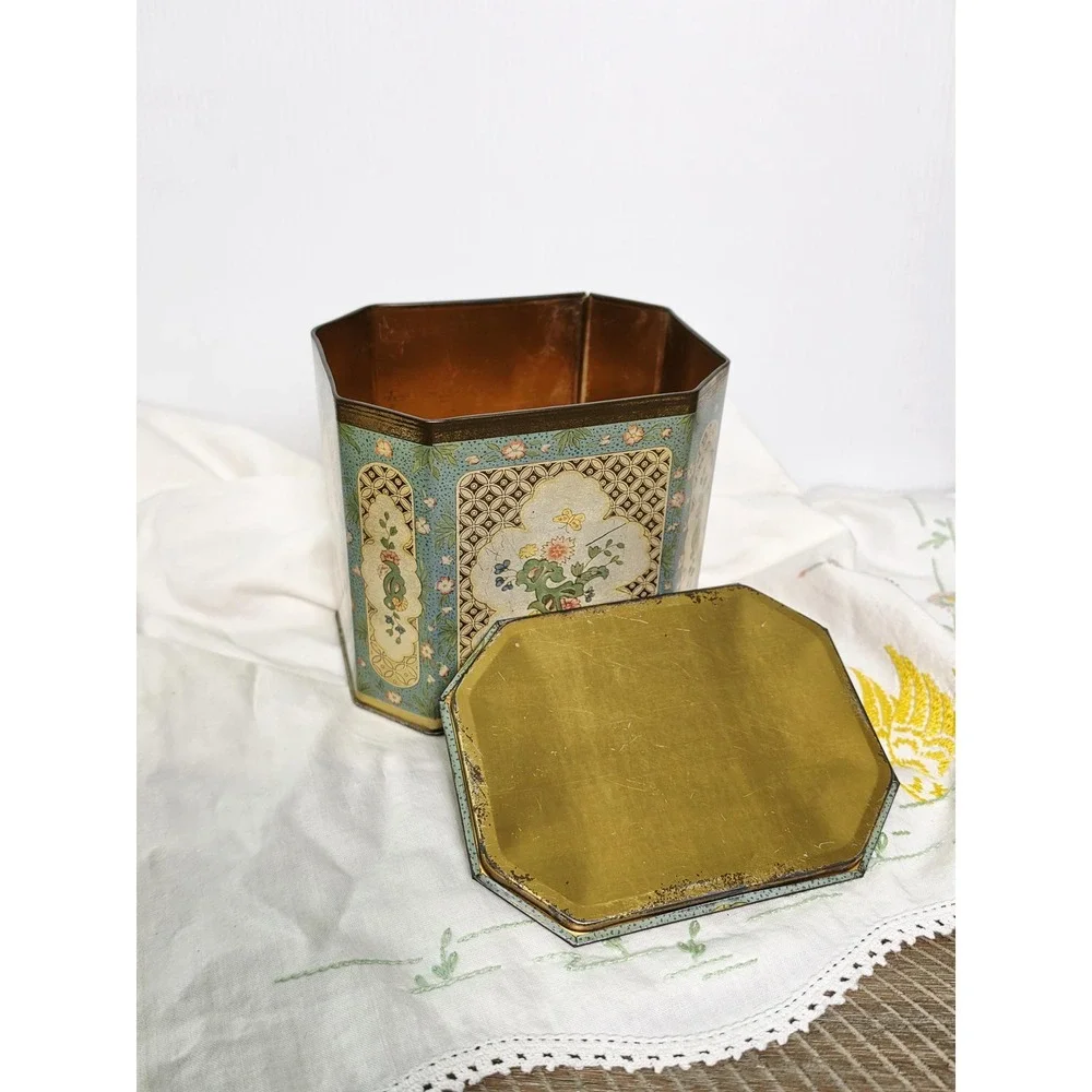 Vintage Baret Ware Floral Biscuit Tin, Gold and‎ Teal Stash Box